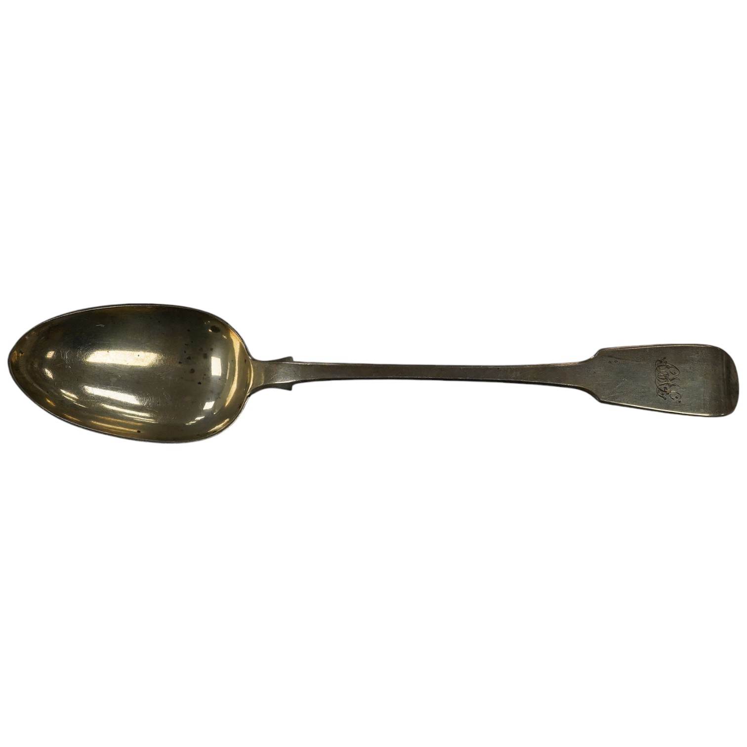 A George IV silver fiddle pattern basting spoon, London, 1829, 30.4cm, 158 grams. Condition - fair